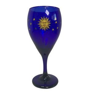 Vintage Libbey Cobalt Blue Glass Celestial Sun Moon & Stars Wine Glass 7…